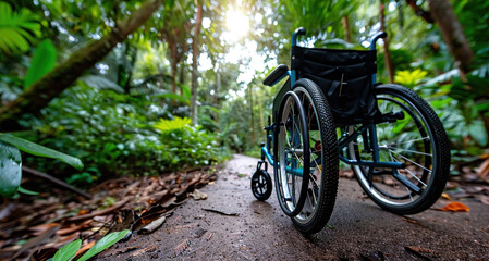 Fototapeta premium Empty wheelchair on dirt path in lush forest, sunlight filtering through dense foliage