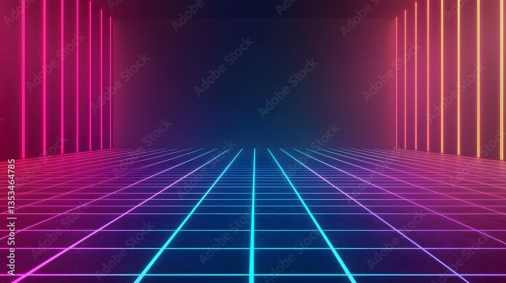 Canvas Prints retro futuristic neon grid background 80s synthwave cyberpunk style