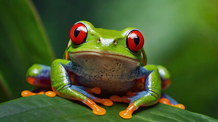 Fototapeta premium Vibrant Red-Eyed Tree Frog on Lush Leaf