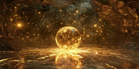 A mystical cosmic glow surrounding a royal golden orb in a surreal space setting