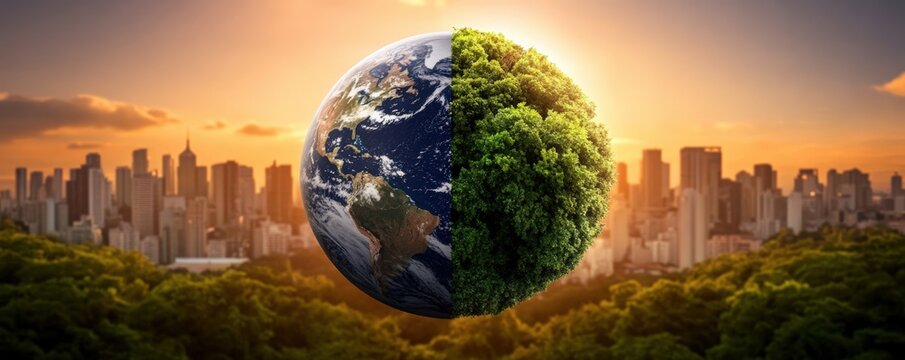 A striking image of a half-Earth, showcasing vibrant greenery on one side and a city skyline on the other, symbolizing urbanization versus nature, climate activist.