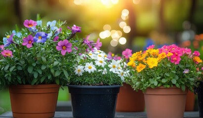 Fototapeta premium Colorful Spring Flowers in Pots on a Wooden Table with Gardening Tools in a Beautiful Garden