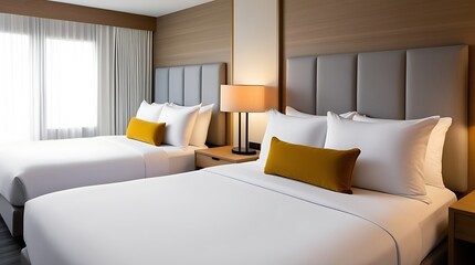 Modern hotel room interior with two neatly arranged beds, elegant lighting, and stylish decor, featuring neutral tones and a cozy ambiance for a comfortable and relaxing stay

