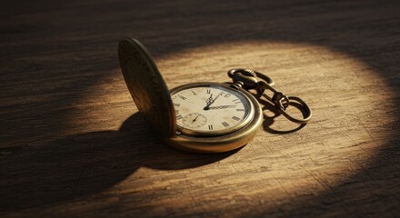 A Captivating Close-Up of an Antique Pocket Watch Casting Shadows on a Wooden Surface