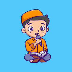 Cute Muslim boy cartoon character is reading the Quran using a microphone