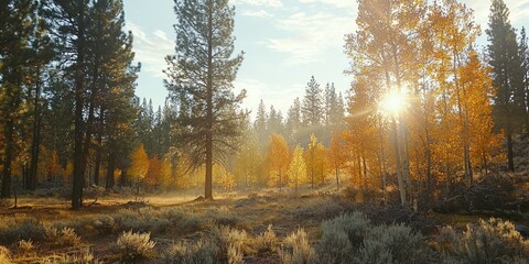 Fototapeta premium A peaceful autumn forest with soft sunlight streaming through colorful trees