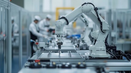 Industrial robotic arms operating in clean manufacturing environment with technical equipment and machinery