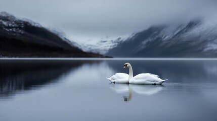 Peaceful swans on a serene lake, majestic mountains in the background