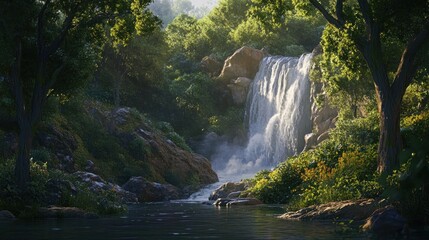 Enchanting cascade: Secluded waterfall flows into tranquil river ecosystem
