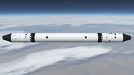 A white cylindrical spacecraft floating above atmospheric surroundings