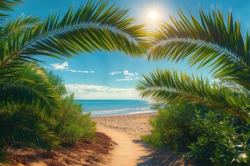 Obraz premium Closeup on Palm Leaf in Vibrant Coastal Scene with Beach and Ocean under Sunny Sky