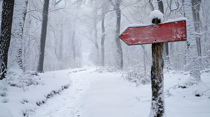 Snowy Forest Path: A Red Sign Points the Way Through a Winter Wonderland