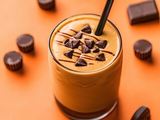 Close-up view of a delightful creamy orange milkshake topped with chocolate chips and candy bar pieces, surrounded by colorful candy on an orange background