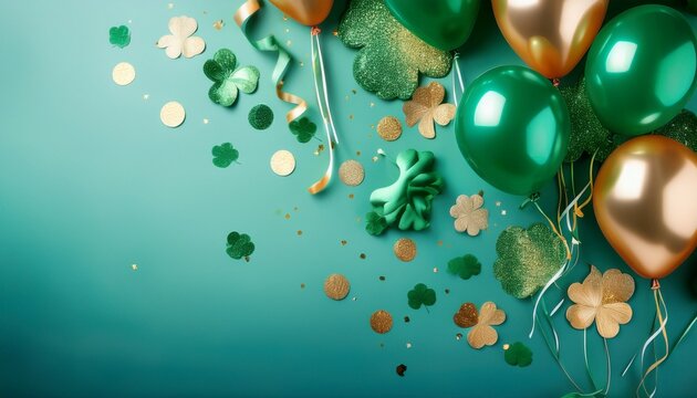 festive st patricks day balloons with confetti on light blue background celebration of irish culture and luck with green and gold decorations