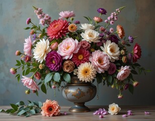 Fototapeta premium Exquisite Paper Flower Arrangement in Vintage Vase A Stunning Floral Still Life
