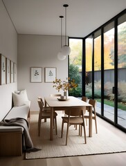 Fototapeta premium Modern minimalist dining room interior with wooden furniture, large glass windows, and natural light, creating a cozy and elegant Scandinavian-inspired home atmosphere