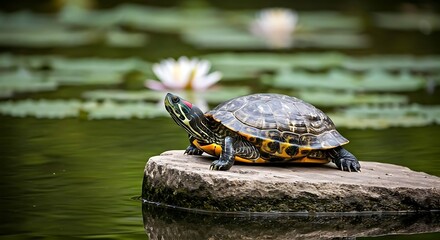 Fototapeta premium A calm turtle sunbathing on a rock near a tranquil pond, surrounded by lily pads.