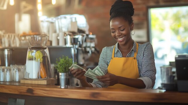 Happy cafe worker counting cash at the counter. - Powered by Adobe