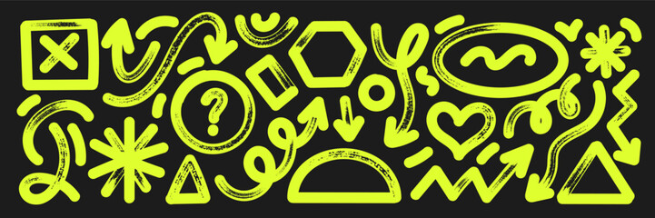 Set of hand drawn elements with brush, marker or crayon texture. Grunge arrow, oval, heart and rectangle for design. Yellow vector illustration on a blackboard.