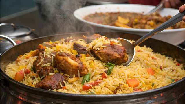 Witness the preparation of a traditional Karachi-style biryani, where spiced meat and potatoes are nestled within layers of fluffy, colorful rice.
