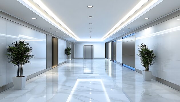A bright and modern corridor with plants and elevators is depicted