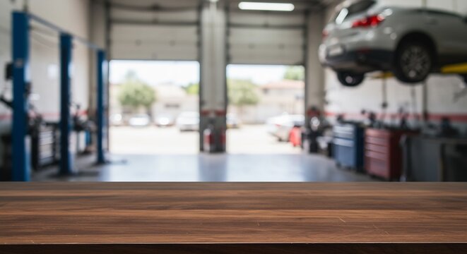 Empty Wooden Tabletop in Blurred Auto Repair Shop Background with Car on Lift, Garage Interior, Mechanical Service, Automotive Maintenance
