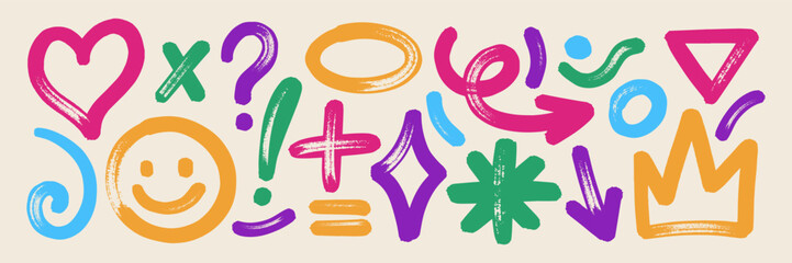 Set of hand drawn elements with brush, marker or crayon texture. Grunge heart, cross, emoji and asterisk for design. Retro vector illustration.