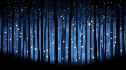 Obraz premium A dark blue forest with glowing orbs in the foliage