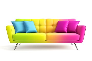 Fototapeta premium Colorful couch with pillows on white background, interior design concept