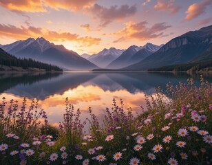 Serene Sunset Landscape Majestic Mountains Mirrored in Calm Lake Water with Wildflowers