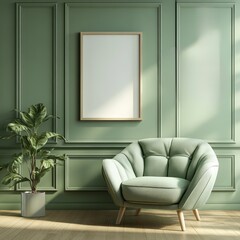 Fototapeta premium Interior scene with green armchair plant and framed art