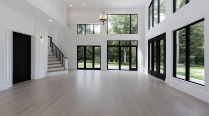 Fototapeta premium Spacious, modern great room with large windows showcasing a serene backyard. Open concept design, featuring minimalist white walls and dark accents. Light-colored hardwood floors throughout