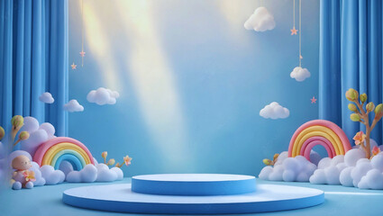 Background podium baby cute product 3d cloud kid children display banner room toy design blue. Podium scene background rainbow baby stand studio presentation shower template stage poster sky See Less

