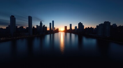 Naklejka premium City skyline at sunset over calm water. Silhouettes of skyscrapers and buildings reflected on the water's surface. Golden sun setting over the horizon. A tranquil and dramatic view