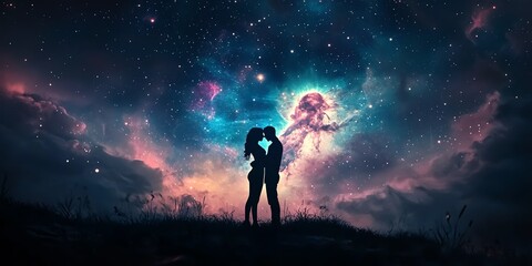 Fototapeta premium Silhouette of a couple embracing under a breathtaking, starry night sky. Cosmic romance, love, and dreamscape concept.