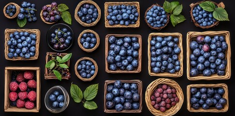 Fresh berries, wooden boxes, overhead view, rustic photography, blueberries, raspberries, blackberries, assorted berries, farm fresh produce, organic fruit, colorful harvest, food styling, dark backgr