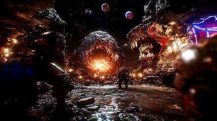 Armored figures face giant monstrous creatures in an epic setting