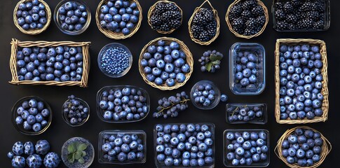 Fresh blueberries, rustic wooden backdrop, overhead view, assorted containers, ceramic bowls, wicker baskets, metal tins, dark moody lighting, farm-to-table aesthetic, organic produce, vibrant blue co