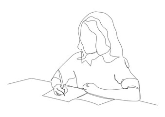 continuous one line art of a woman writing a book vector illustration.