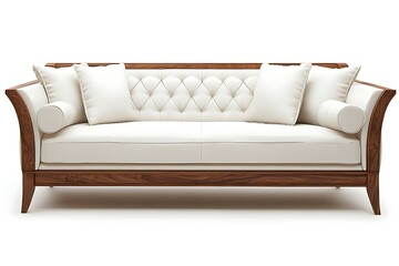 Naklejka premium Elegant white leather sofa with wooden frame on white background, for home decor
