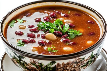 hearty bean soup, colorful vegetables, rich broth, ceramic bowl, ornate design, rustic meal, comfort food, steaming hot, garnished with herbs, vibrant red color, close-up photography, appetizing, home