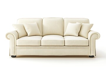 Fototapeta premium Beige couch with pillows on white backdrop, perfect for furniture store product