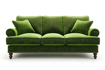Fototapeta premium Green velvet sofa on white background, ready for use in a home