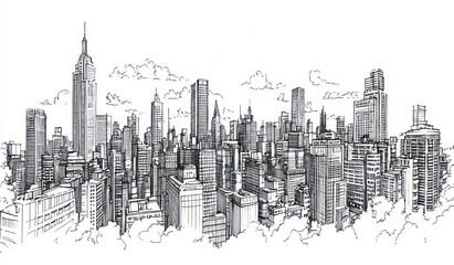 Monochrome City Skyline Pen Sketch Architectural Diversity Urban Landscape Illustration