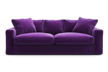 Fototapeta premium Purple fabric sofa on white backdrop, studio shot, for interior design and furniture