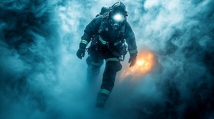 Firefighter in smoky building, courageous rescue mission.