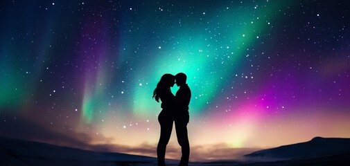 Silhouette of a couple embracing under a breathtaking aurora borealis. Romantic night sky, stars, love, and nature.