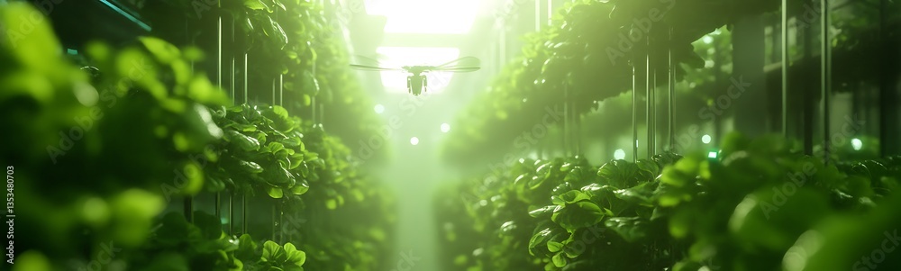 Poster vertical farm showcasing lush greenery under soft lighting with a drone in the midst of growth.