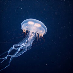 Close up shot of a glowing jellyfish in the deep sea with bioluminescent tentacles .