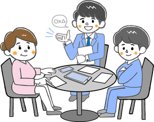 営業マンによる商品説明を聞く若い男女の顧客